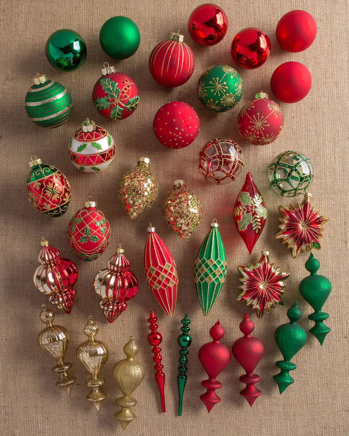 Kit 32 Enfeites para Árvore de Natal Vermelho, Verde e Dourado – Coleção Natal Tradicional