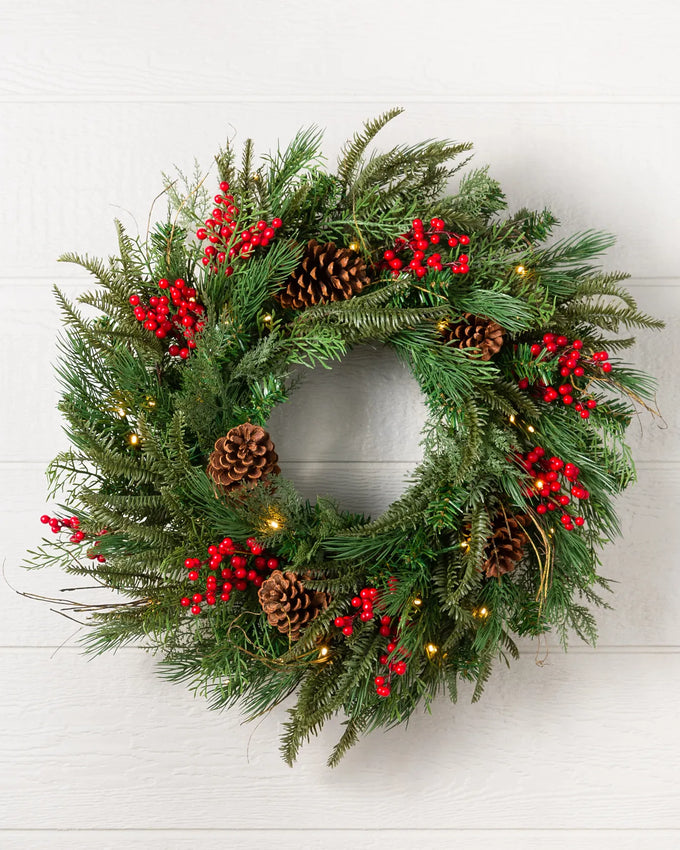 Guirlanda Pinhas e Bagas de Natal Com LED 90 cm