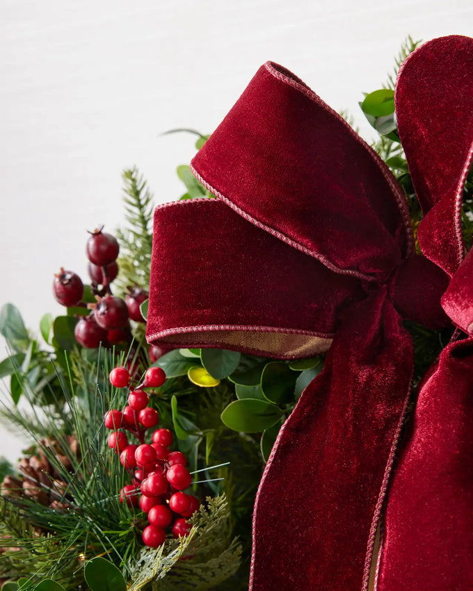 Guirlanda de Natal 90 cm com LED, Laço Bordô, Pinhas e Frutas Vermelhas
